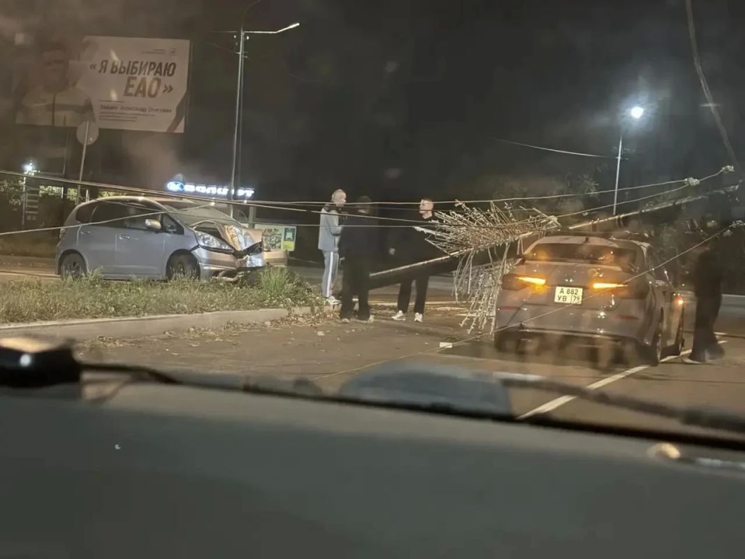Столб рухнул на автомобиль в ночном ДТП в районе ул. Советская в Биробиджане Столб рухнул на автомобиль в ночном ДТП в районе ул. Советская в Биробиджане